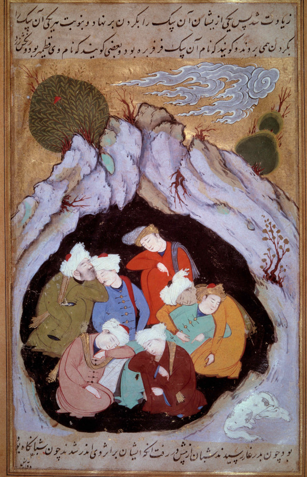 JLJ4593279 The seven dormants of Ephese Miniature from a 16th century Persian manuscript. by Persian School, (16th century); Bibliotheque Nationale, Paris, France; (add.info.: The seven dormants of Ephese Miniature from a 16th century Persian manuscript.); Photo © Photo Josse.